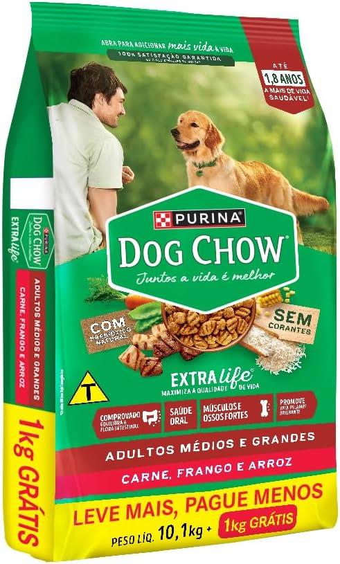         PURINA® DOG CHOW®Adultos Médios e Grandes Carne, Frango e Arroz 10,1Kg Grts 1Kg (Bônus Bag)       