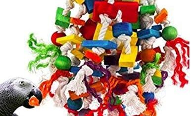 Claro! Aqui está uma sugestão de título otimizado para SEO:Brinquedo de Mastigar Papagaio Grande e Pequeno N/A: Blocos de Madeira Multicoloridos e Corda de Algodão para Atraentes Araras e Cacatuas!